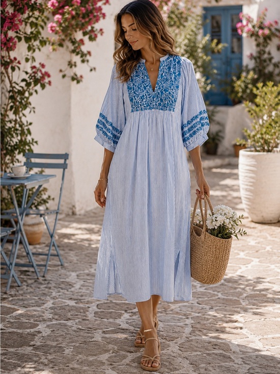 J.Marie Dresses & Skirts - J. Marie Tristen Embroidered Midi Dress in Blue Stripe Size Medium